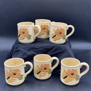 Butterfly Flower Mug Coffee Cup Speckled Auburn Clay Barn Vintage 1970s Set of 6